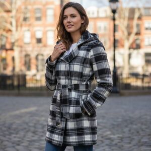Columbia Omni Heat Black & White Plaid Hooded Thermal Coat Womens Size XS